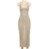 Open back hollowed out lace up knitted camisole wrapped hip dress
