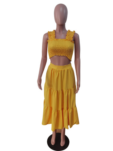 Wrapped chest patchwork skirt two-piece set