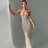 Open back hollowed out lace up knitted camisole wrapped hip dress
