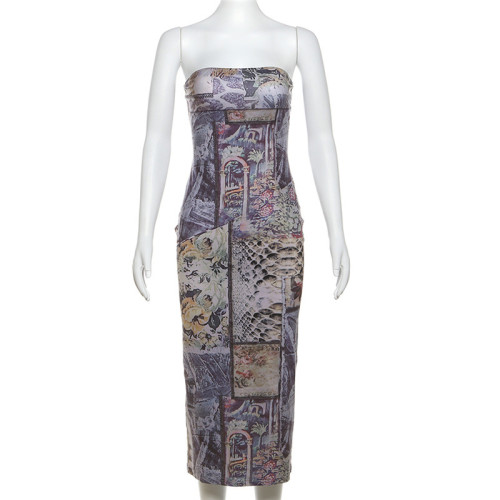Printed slim fit sexy buttock wrap strapless dress