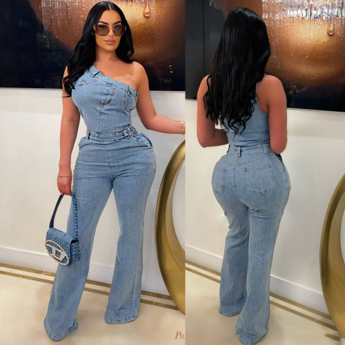 Diagonal shoulder tight waist slim fit elastic washed denim jumpsuit