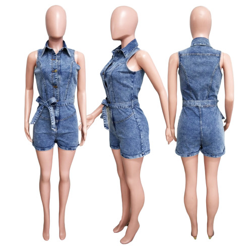 Sleeveless tight waist slim fit elastic washed denim jumpsuit
