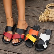 Color blocking PU wide stripe flat bottomed flip flops