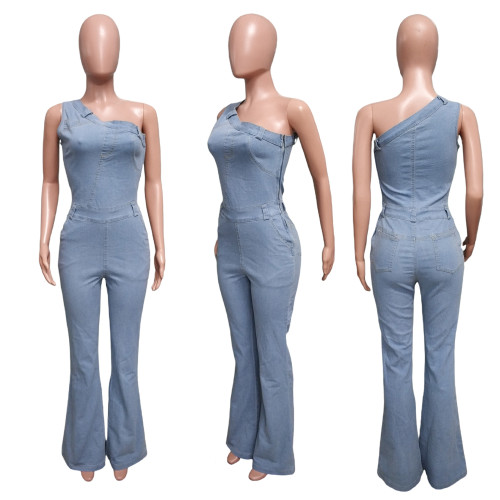 Diagonal shoulder tight waist slim fit elastic washed denim jumpsuit