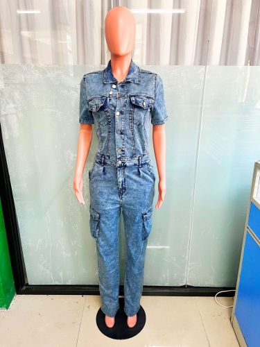 Tight waisted slim fit elastic denim jumpsuit flared pants