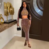 Women's solid color hot diamond mesh two-piece dress