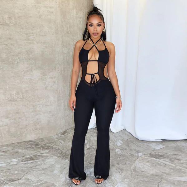 Sleeveless lace up backless micro flared wide leg jumpsuit