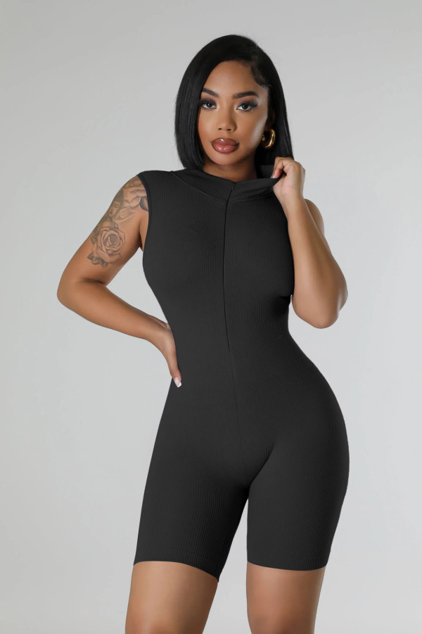 Open necked zippered sleeveless tight fitting jumpsuit shorts