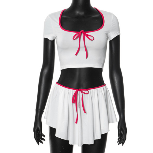 Contrast color tie square neck short sleeved top elastic short skirt two-piece set