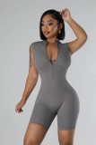 Open necked zippered sleeveless tight fitting jumpsuit shorts