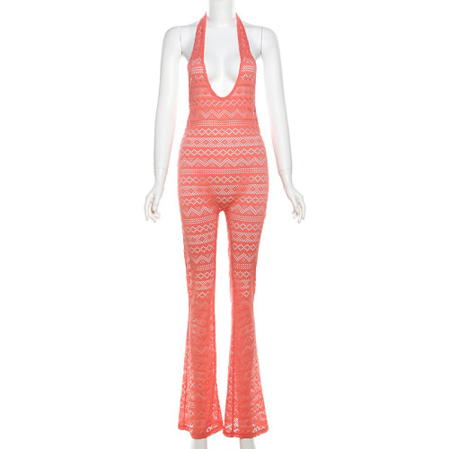 Perspective lace jacquard integrated tight jumpsuit