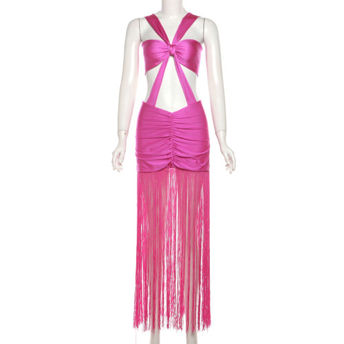 Butterfly style strap exposed navel long tassel short skirt