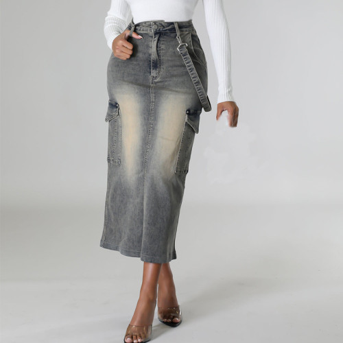 Elastic Split Multi Bag Denim Skirt