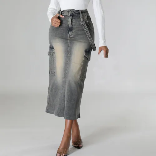 Elastic Split Multi Bag Denim Skirt