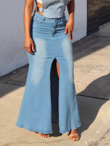 Elastic split denim skirt
