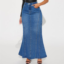 Elastic patchwork washed long skirt and fishtail skirt