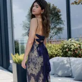 Dyed printed patchwork hollowed out back strap long dress