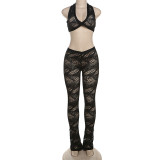 Hollow low cut hanging neck top, high waisted long pants set
