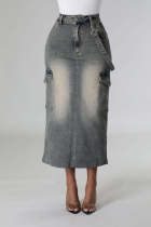Elastic Split Multi Bag Denim Skirt