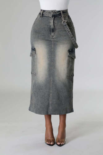 Elastic Split Multi Bag Denim Skirt