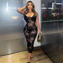 Low cut perspective hollowed out jacquard suspender long dress