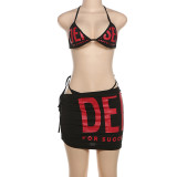Hanging neck tie up top, high waist, buttocks wrapped short skirt, bikini set