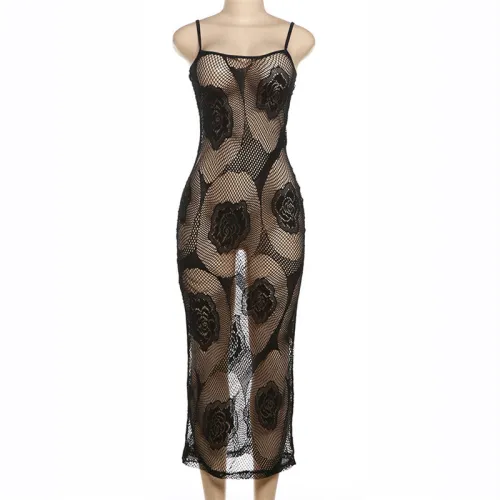 Low cut perspective hollowed out jacquard suspender long dress