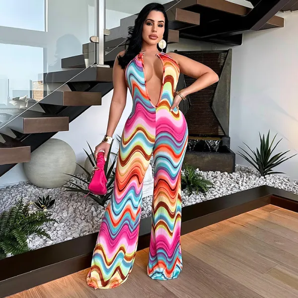 Multicolor Wave Deep V Open Back High Waist Casual Pants