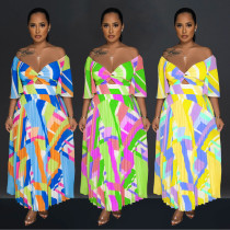 Women's printed backless pleated long dress