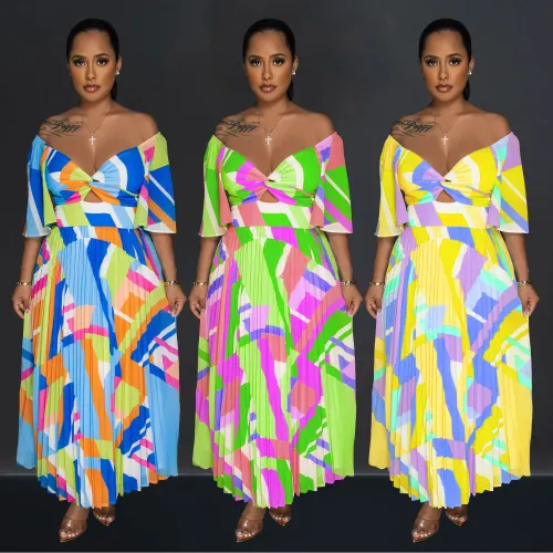 Women's printed backless pleated long dress