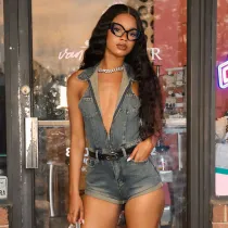 Polo collar sleeveless hanging neck open back rolled edge denim jumpsuit shorts
