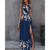 Slanted shoulder long skirt temperament sleeveless high waisted slit dress