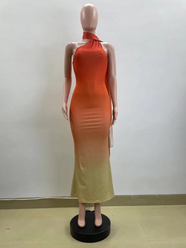 Hanging neck slanted shoulder gradient wrap buttocks backless dress