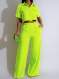 Flip collar short sleeved high waisted wide leg long pants set