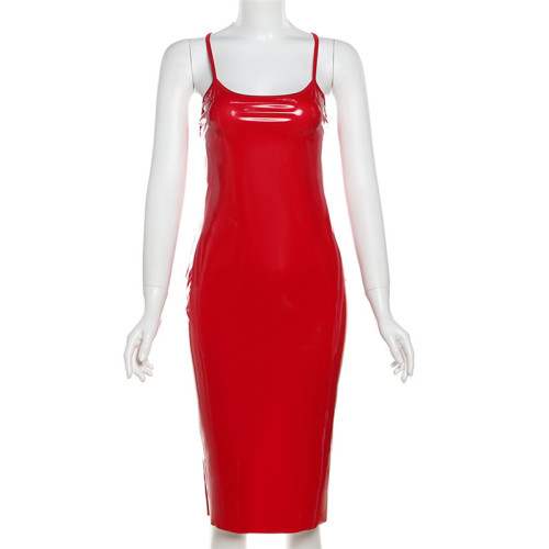 Low cut backless split PU style suspender dress