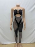 Chestless and backless hollowed out patchwork knit jumpsuit