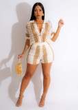 Women's hollowed out perspective lapel knitted shorts set