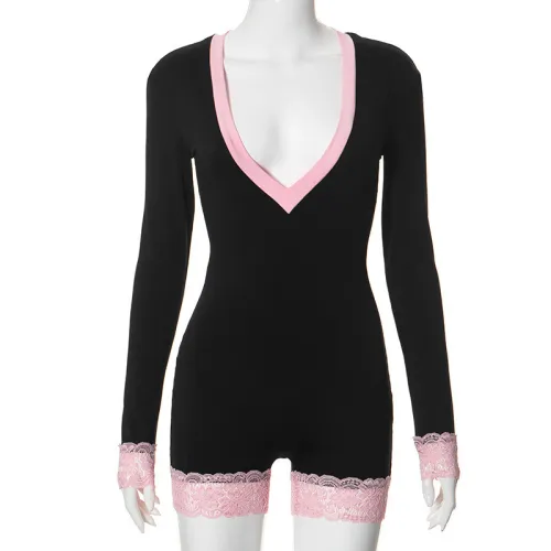 Lace patchwork jumpsuit tight fitting long sleeved jumpsuit shorts
