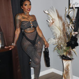 Chestless and backless hollowed out patchwork knit jumpsuit