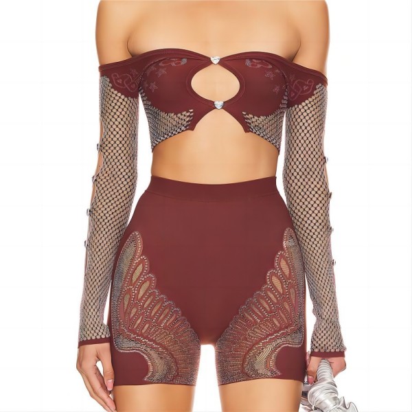 Double layer splicing long sleeved open navel top hollow shorts set