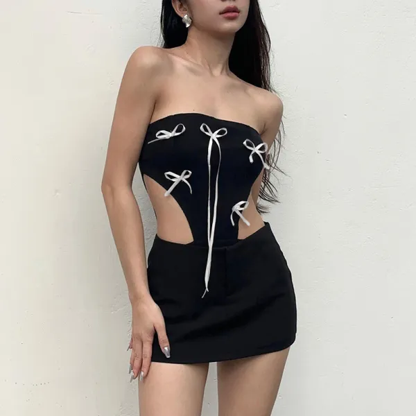 Bow colored contrast strapless hollow out jumpsuit