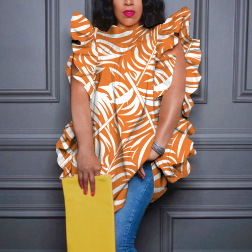 Oversized digital printed round neck ruffled loose top shirt