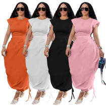 Round necked waist cinched flower bud skirt solid color dress