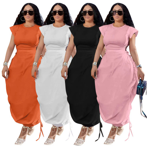 Round necked waist cinched flower bud skirt solid color dress
