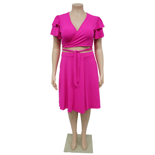 V-neck large lotus leaf sleeve lace up short skirt set