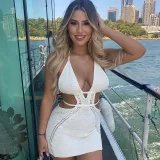 Hanging neck wrapped chest hollowed out patchwork lace up dress