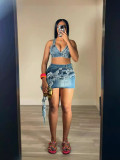 Tassel elastic denim short skirt set