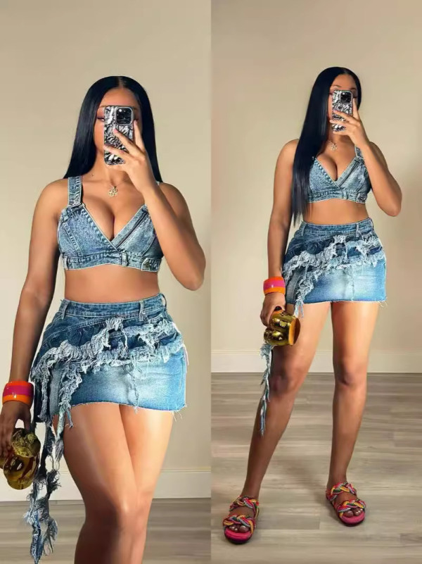 Tassel elastic denim short skirt set