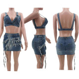 Tassel elastic denim short skirt set