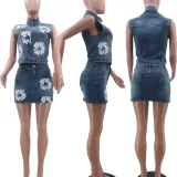 Printed elastic denim short skirt jacket set